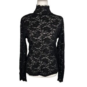 Black Lace Long Sleeve Top Medium High Neck Witchy Fairy Grunge Whimsigoth